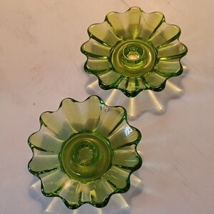 VINTAGE GREEN GLASS CANDLEHOLDERS